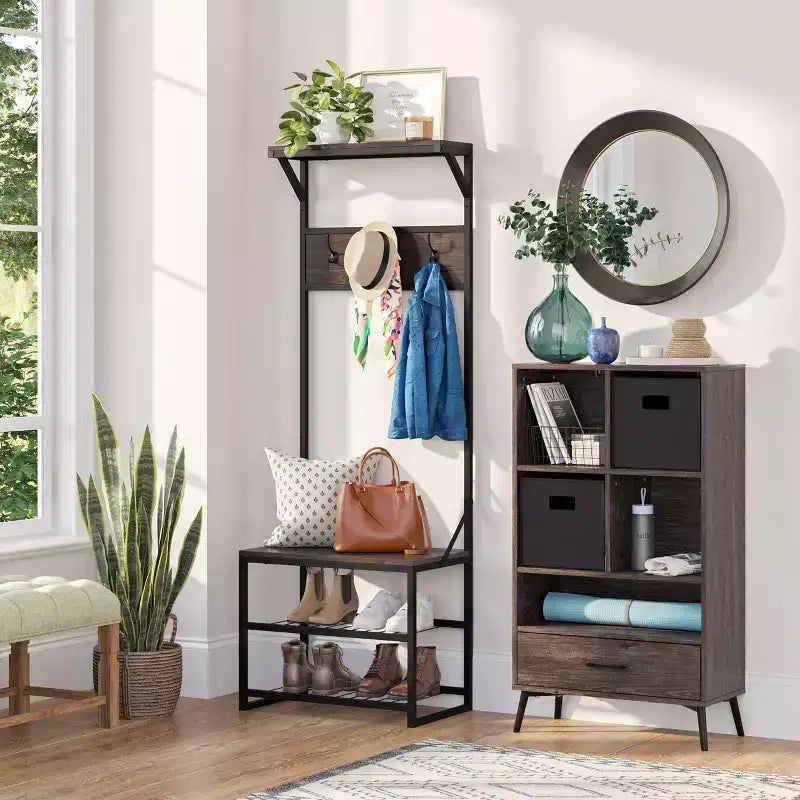 Meuble de rangement pour chaussures RiverRidge Afton Hall Tree avec crochets et étagère de rangement, banc d'entrée, grain de bois vieilli et cadre en métal noir