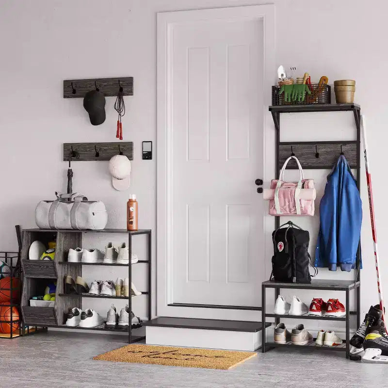 Meuble de rangement pour chaussures RiverRidge Afton Hall Tree avec crochets et étagère de rangement, banc d'entrée, grain de bois vieilli et cadre en métal noir