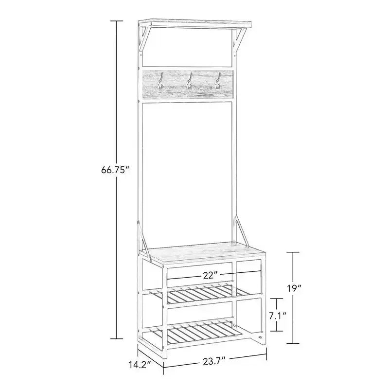 Meuble de rangement pour chaussures RiverRidge Afton Hall Tree avec crochets et étagère de rangement, banc d'entrée, grain de bois vieilli et cadre en métal noir