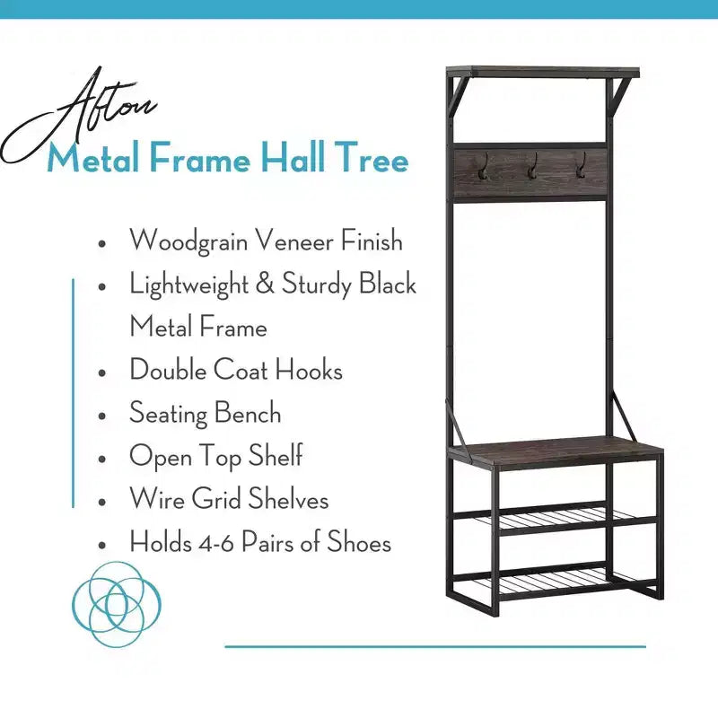 Meuble de rangement pour chaussures RiverRidge Afton Hall Tree avec crochets et étagère de rangement, banc d'entrée, grain de bois vieilli et cadre en métal noir