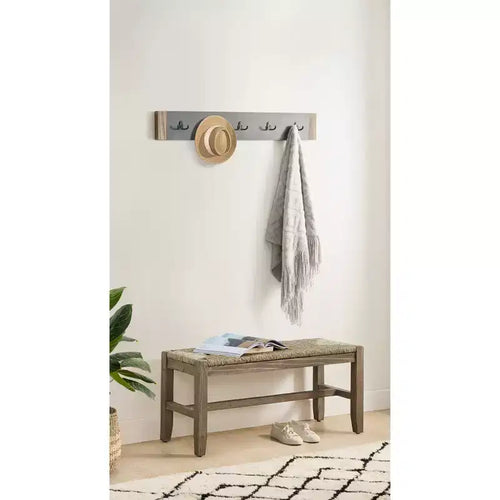 Banc de rangement 40 po Davenport avec crochets à manteaux et assise en jonc, Ambre clair - Alaterre Furniture : Organisateur d'entrée rustique industriel, cadre en bois
