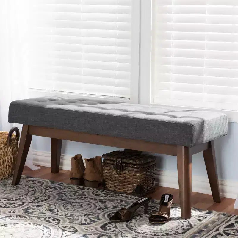 Banc Elia en Noyer et Tissu Capitonnage Boutonné Style Mid-Century Moderne - Baxton Studio
