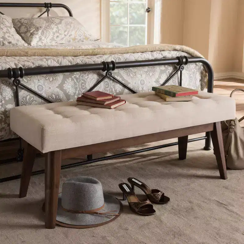 Elia Mid Century Modern Walnut Wood Fabric Button Tufted Bench - Baxton Studio