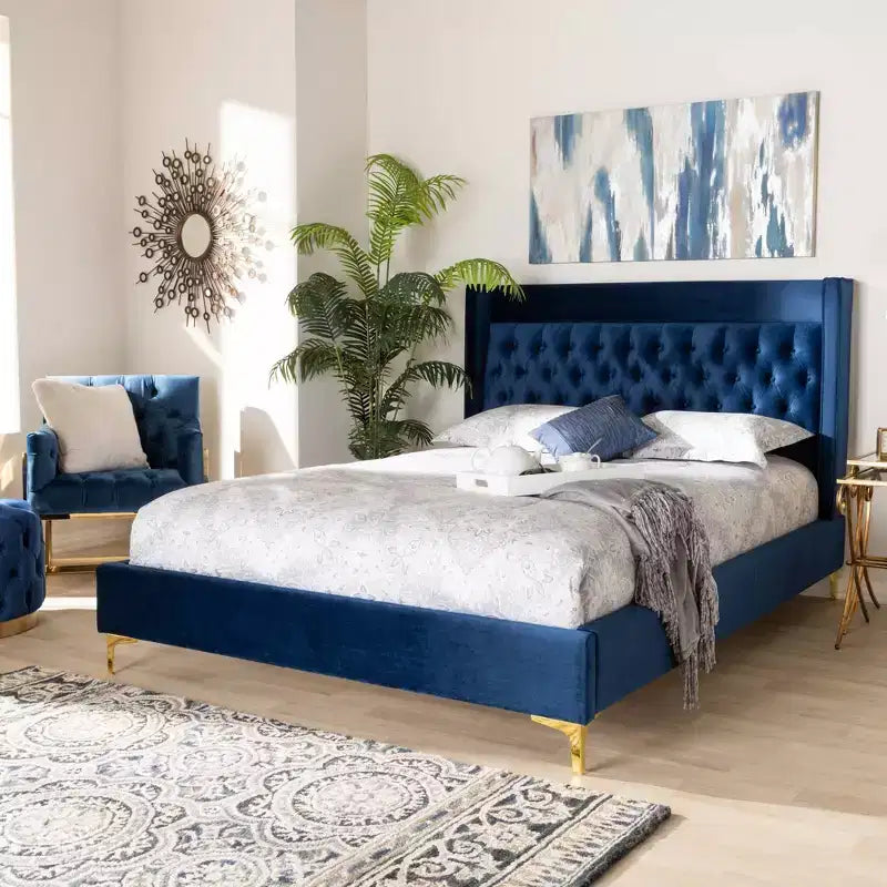 Lit plateforme Valery Velvet avec pieds dorés – Baxton Studio