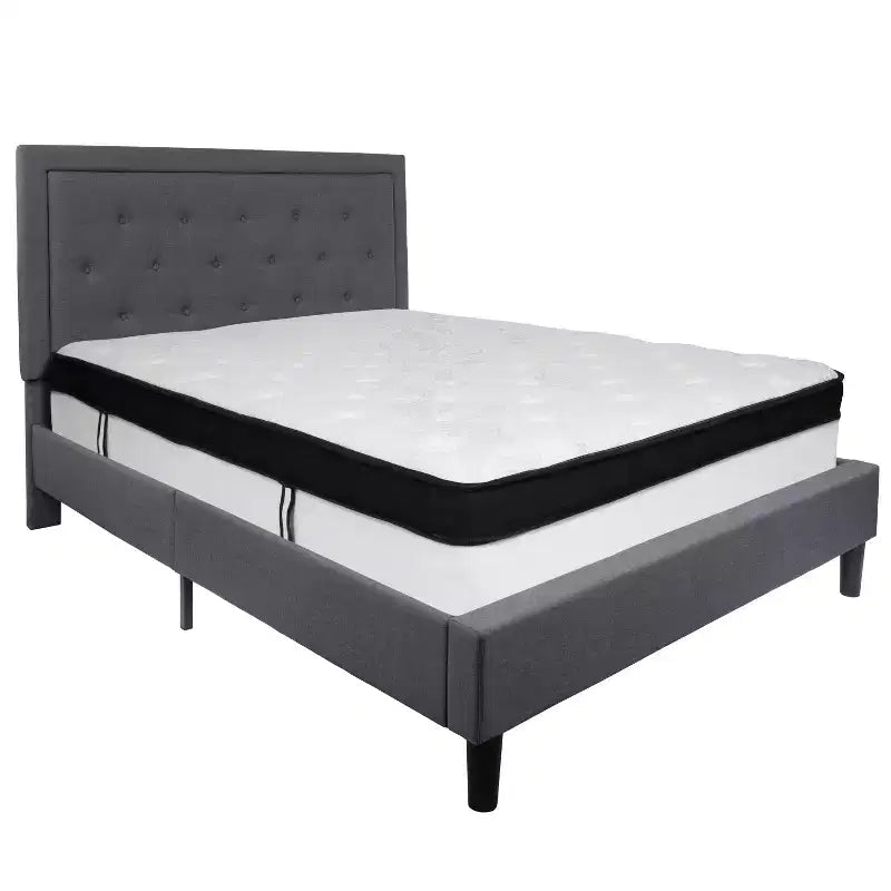 Flash Furniture Roxbury Panel Tufted Upholstered Platform Bed and Memory Foam Pocket Spring Mattress