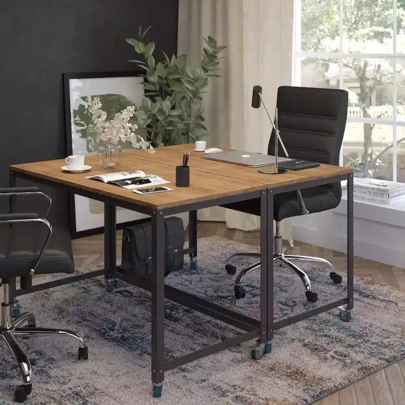 Table et bureau informatiques Flash Furniture Livingston Collection avec finition grain de bois chêne brun et roues métalliques