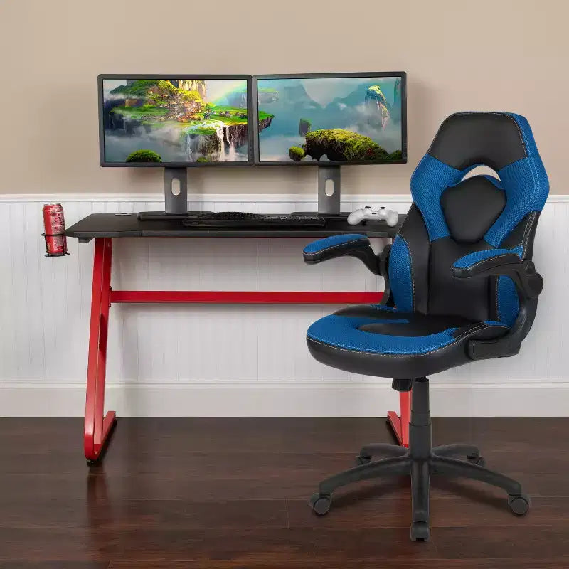 Ensemble bureau de jeu et chaise de course Flash Furniture avec porte-gobelet et crochet pour casque