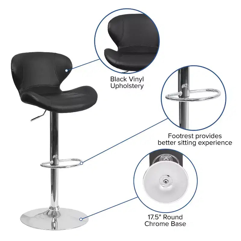 Tabouret de bar contemporain Flash Furniture réglable en hauteur avec dossier incurvé et base chromée