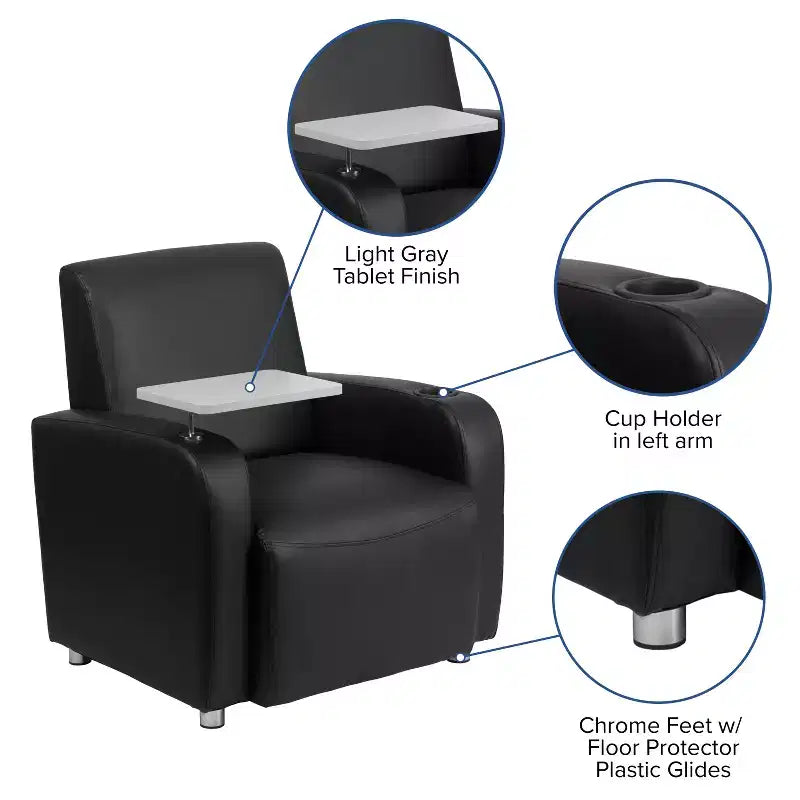 Fauteuil visiteur Flash Furniture en LeatherSoft avec tablette-écritoire, pieds chromés et porte-gobelet