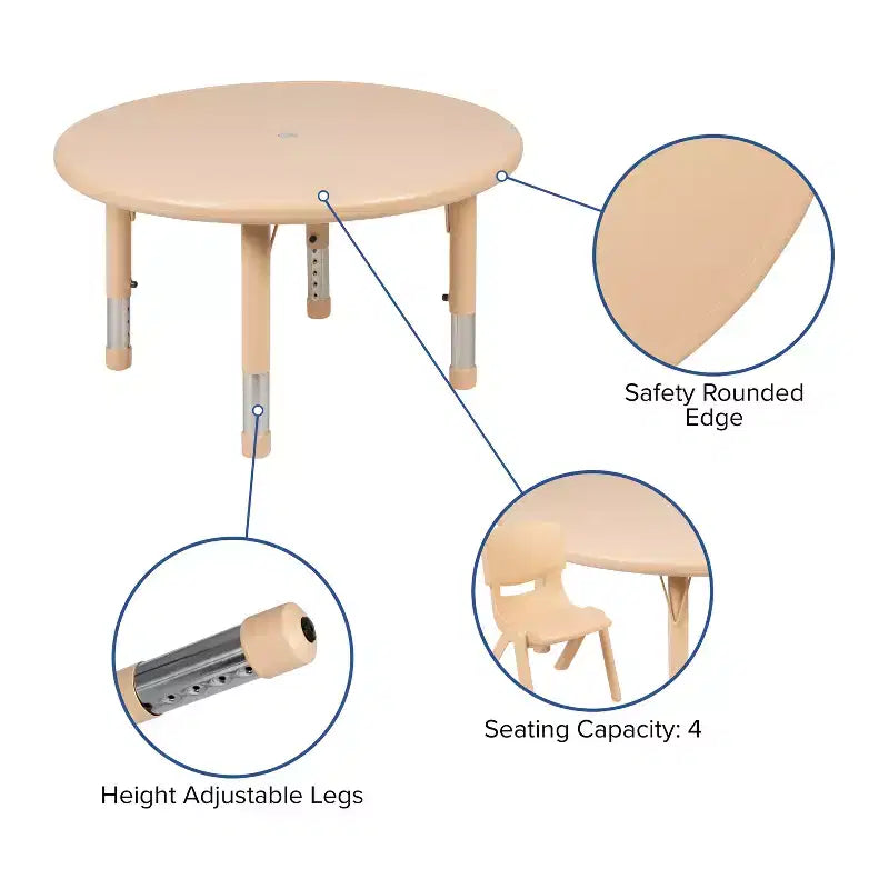 Ensemble table d'activités ronde Emma et Oliver de 33 po en plastique réglable en hauteur avec 4 chaises