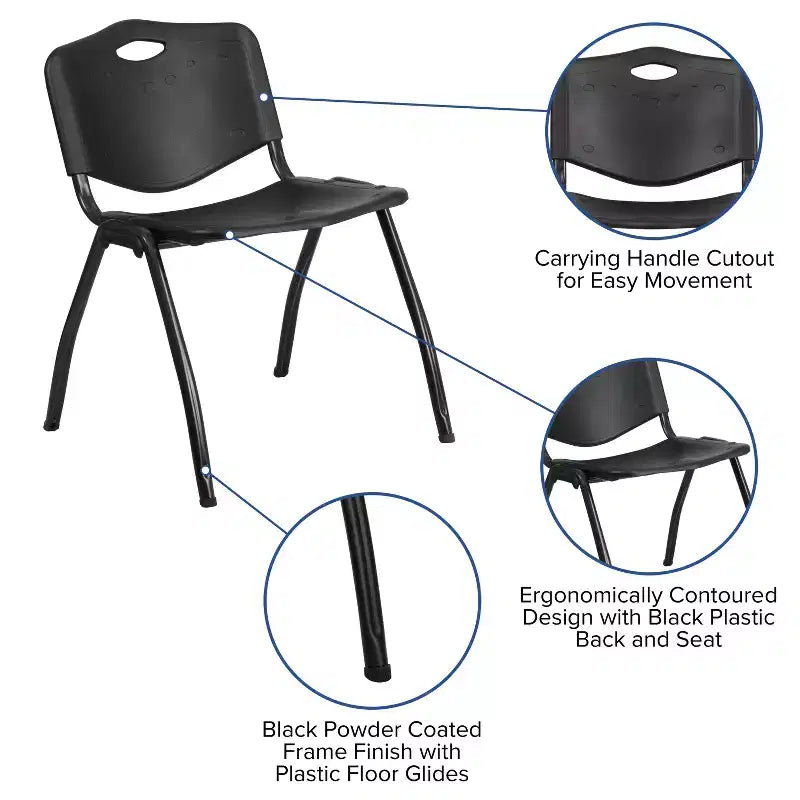 Chaise de bureau Emma and Oliver en plastique noir empilable, capacité 400 kg