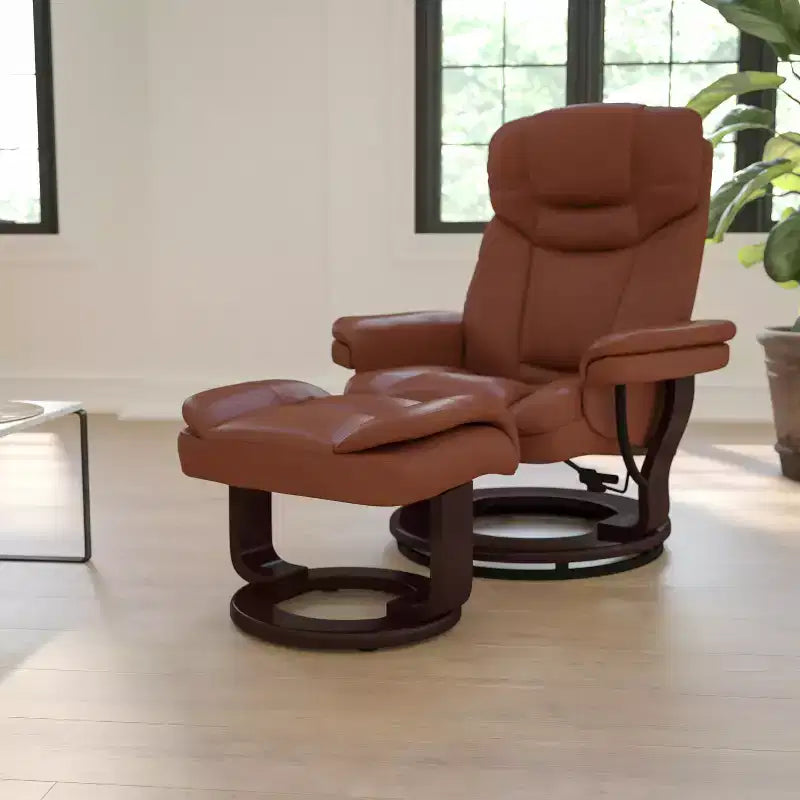 Fauteuil inclinable multiposition Emma et Oliver avec ottoman incurvé et base pivotante en bois