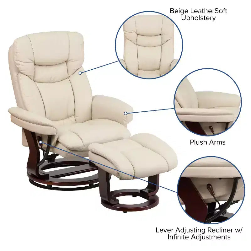 Fauteuil inclinable multiposition Emma et Oliver avec ottoman incurvé et base pivotante en bois