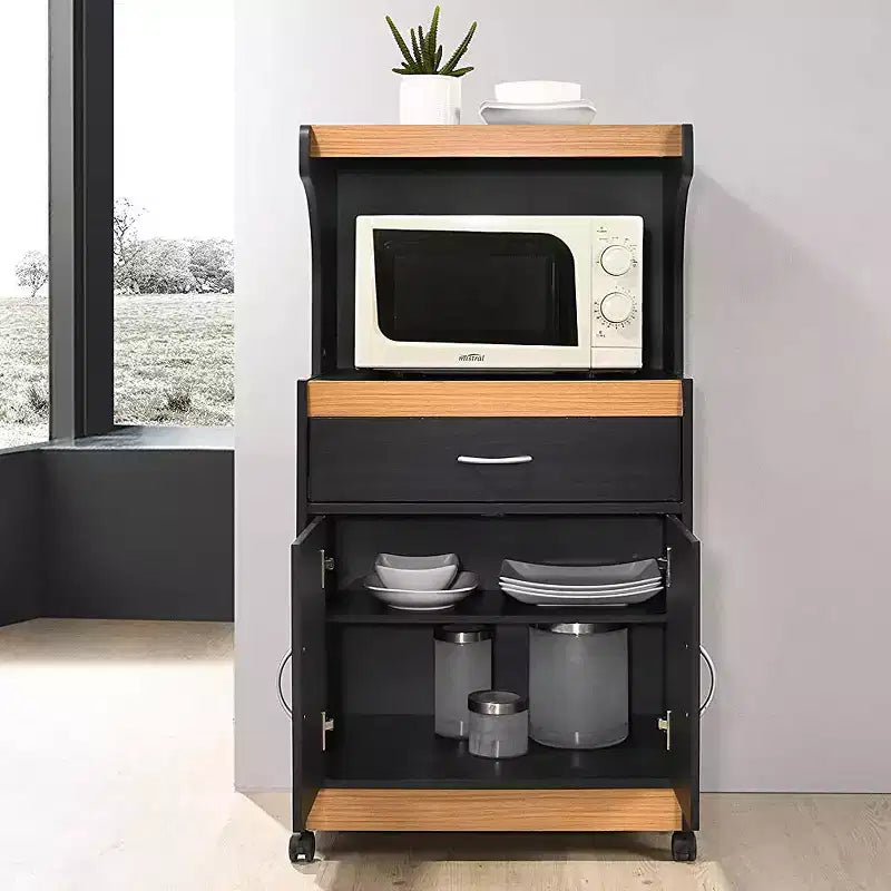 Chariot de cuisine micro-ondes à roulettes Hodedah avec tiroir et placard de rangement, noir-hêtre