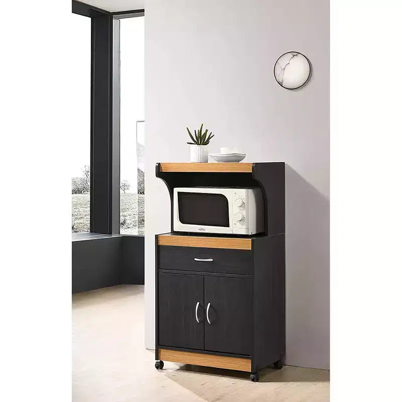 Chariot de cuisine micro-ondes à roulettes Hodedah avec tiroir et placard de rangement, noir-hêtre