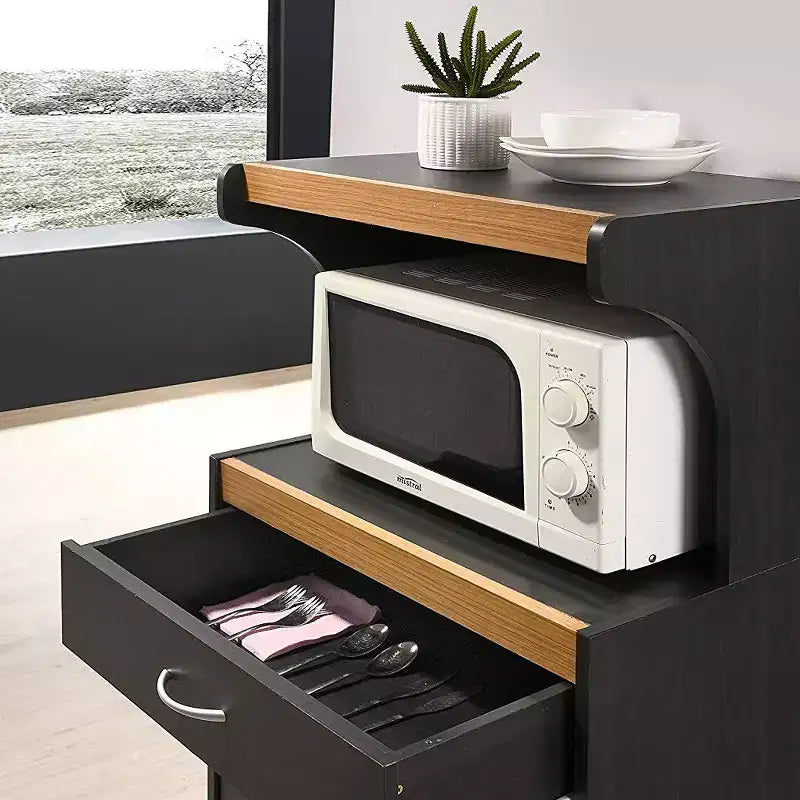 Chariot de cuisine micro-ondes à roulettes Hodedah avec tiroir et placard de rangement, noir-hêtre