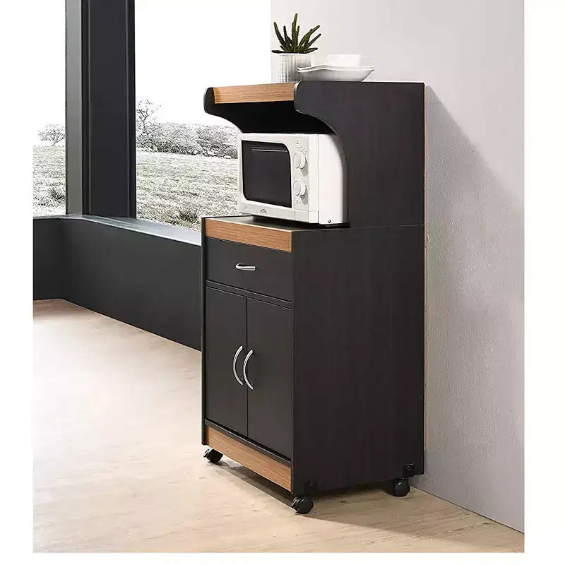 Chariot de cuisine micro-ondes à roulettes Hodedah avec tiroir et placard de rangement, noir-hêtre