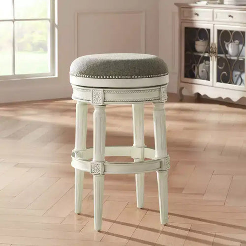 55 Downing Street Oliver Wood Tabouret de Bar Pivotant Blanc Vieilli 30 1/2 po de Haut Coussin Rond Traditionnel Gris avec Repose-pieds pour Comptoir de Cuisine