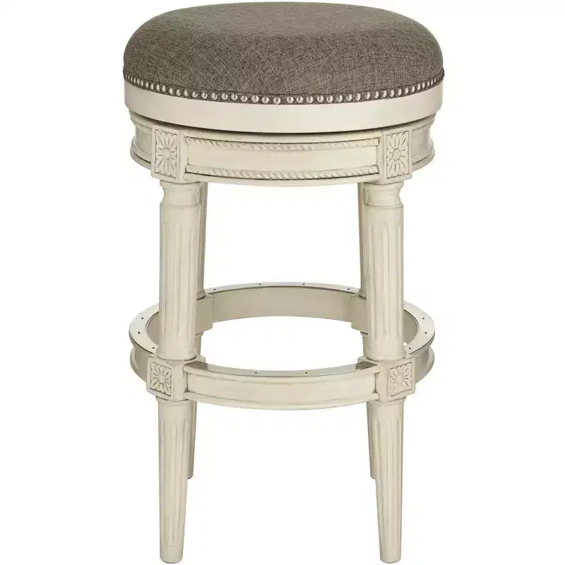 55 Downing Street Oliver Wood Tabouret de Bar Pivotant Blanc Vieilli 30 1/2 po de Haut Coussin Rond Traditionnel Gris avec Repose-pieds pour Comptoir de Cuisine