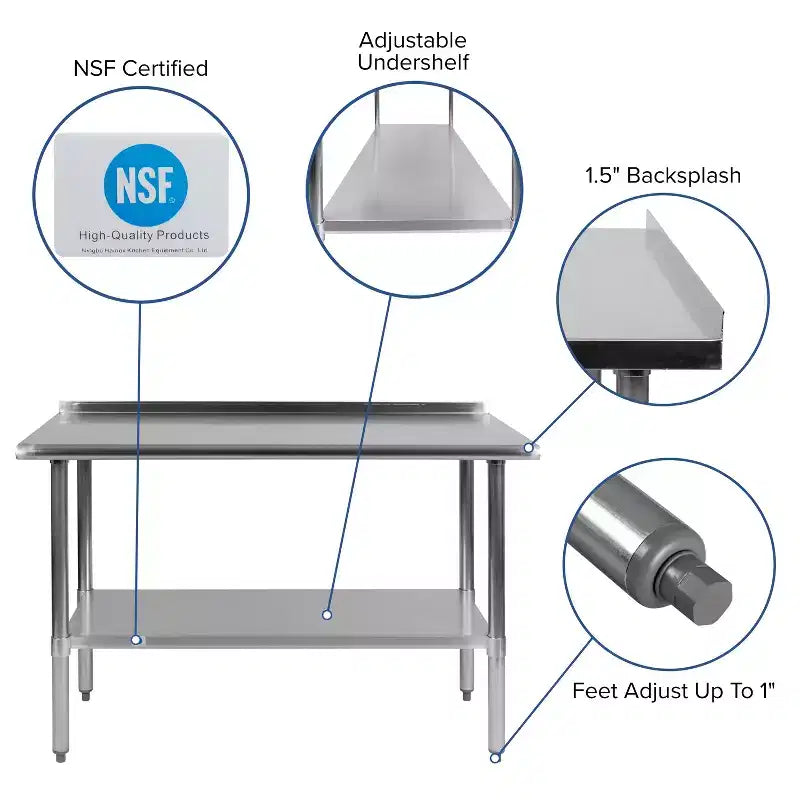 Table de préparation et de travail Emma and Oliver en acier inoxydable de calibre 18 avec dosseret et étagère, conforme aux normes NSF
