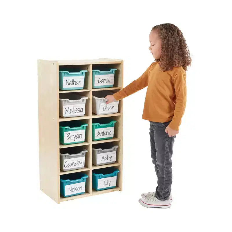 Meuble de rangement pour enfant ECR4Kids Streamline avec 10 casiers et 10 bacs de rangement, format 5x2
