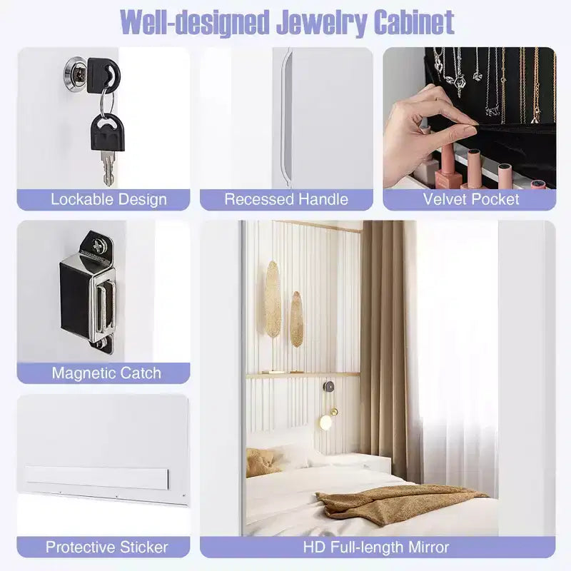 Armoire à bijoux Costway avec miroir pleine longueur et crochets lumineux internes à LED