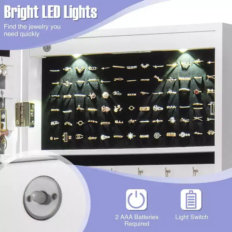 Armoire à bijoux Costway avec miroir pleine longueur et crochets lumineux internes à LED