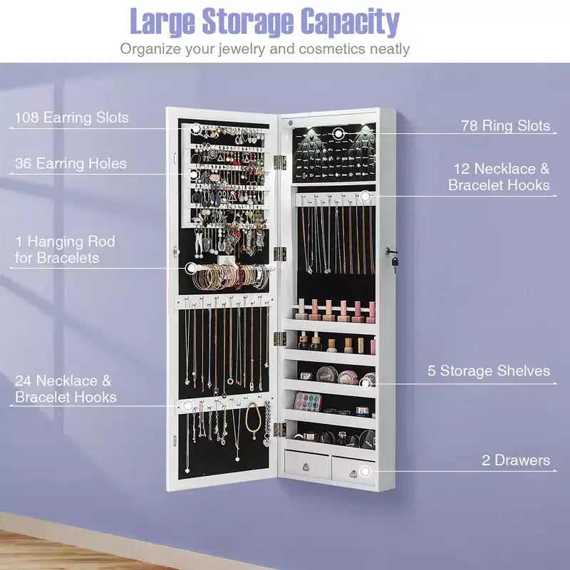 Armoire à bijoux Costway avec miroir pleine longueur et crochets lumineux internes à LED