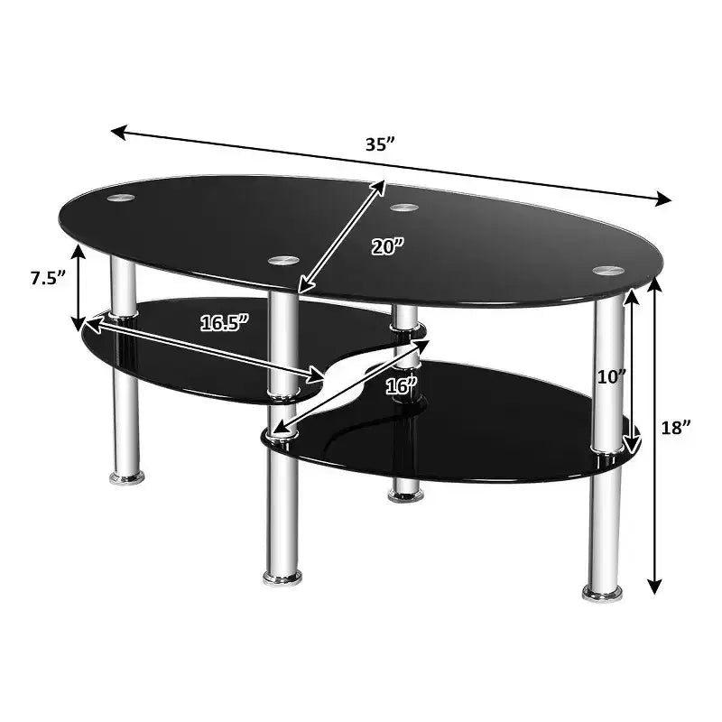 Table d'appoint ovale en verre trempé avec étagère et base chromée Costway pour salon, noire