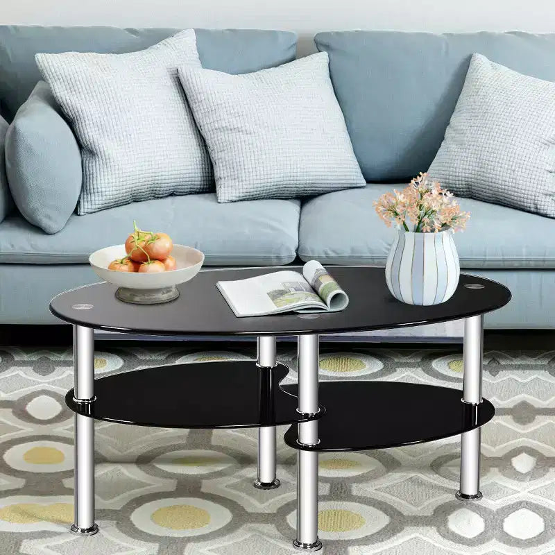 Table d'appoint ovale en verre trempé avec étagère et base chromée Costway pour salon, noire