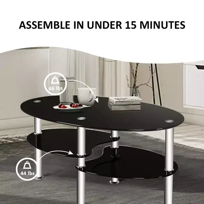 Table d'appoint ovale en verre trempé avec étagère et base chromée Costway pour salon, noire