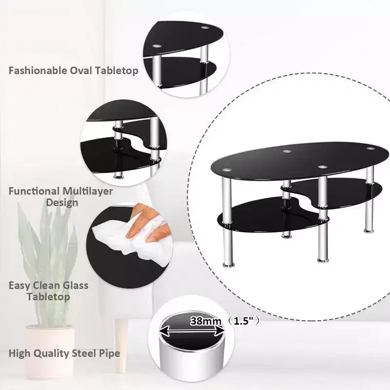 Table d'appoint ovale en verre trempé avec étagère et base chromée Costway pour salon, noire