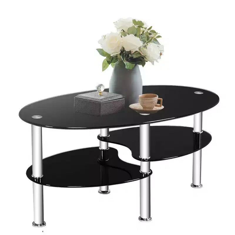 Table d'appoint ovale en verre trempé avec étagère et base chromée Costway pour salon, noire