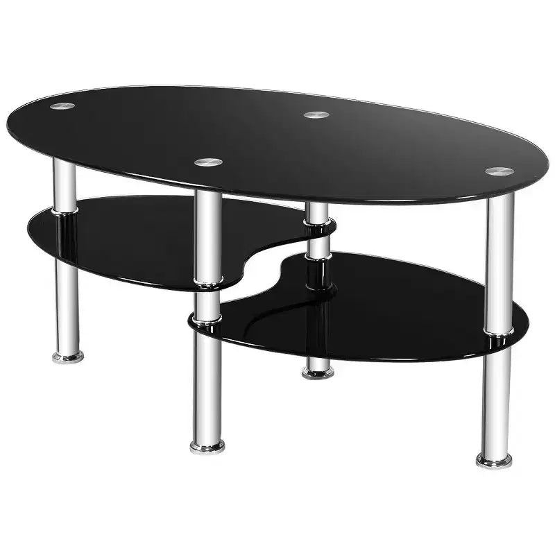 Table d'appoint ovale en verre trempé avec étagère et base chromée Costway pour salon, noire