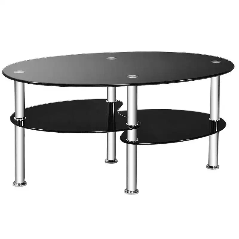 Table d'appoint ovale en verre trempé avec étagère et base chromée Costway pour salon, noire