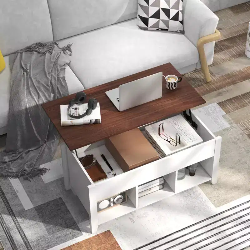 Table basse relevable Costway avec compartiment caché et étagères de rangement Meuble moderne blanc