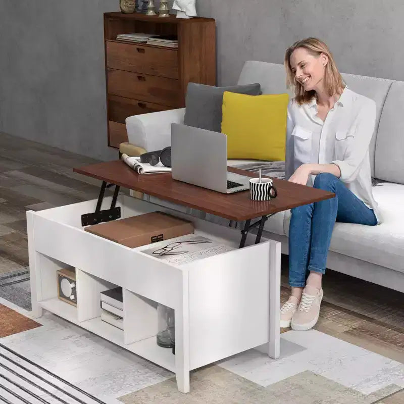Table basse relevable Costway avec compartiment caché et étagères de rangement Meuble moderne blanc