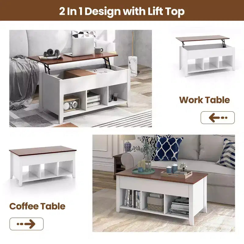 Table basse relevable Costway avec compartiment caché et étagères de rangement Meuble moderne blanc