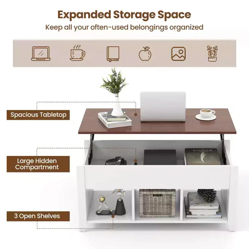 Table basse relevable Costway avec compartiment caché et étagères de rangement Meuble moderne blanc