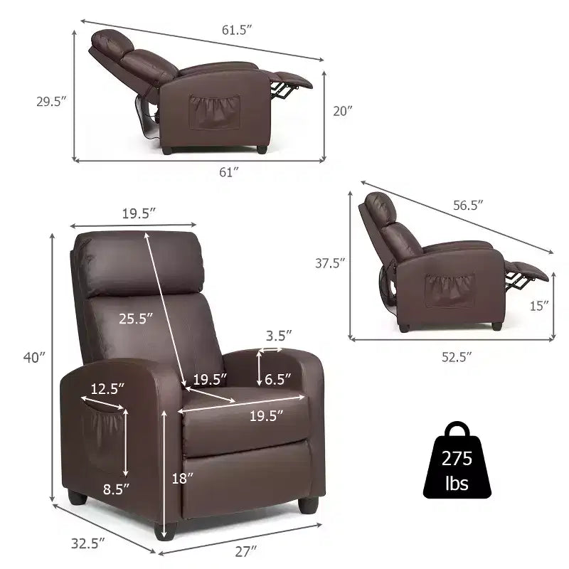 Fauteuil inclinable de massage Costway, canapé individuel ergonomique et réglable avec siège rembourré, noir/marron/gris