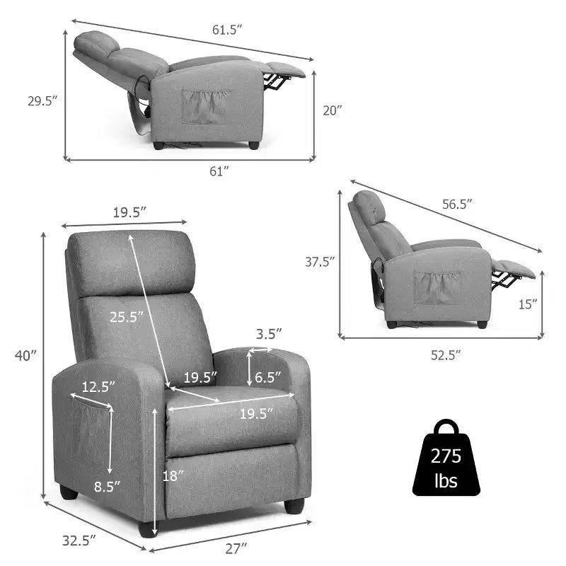 Fauteuil inclinable de massage Costway, canapé individuel ergonomique et réglable avec siège rembourré, noir/marron/gris
