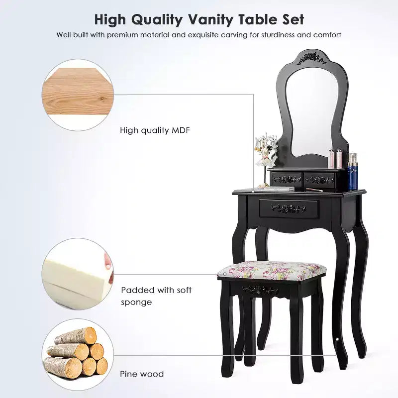 Costway Coiffeuse en bois avec tabouret et tiroirs pour bijoux - Noir