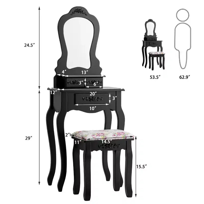 Costway Coiffeuse en bois avec tabouret et tiroirs pour bijoux - Noir