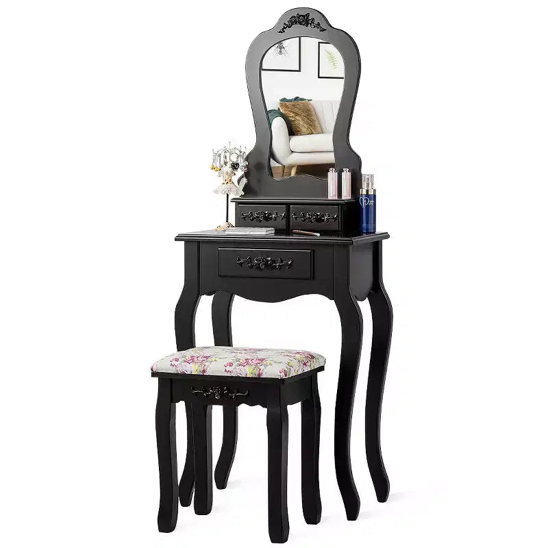 Costway Coiffeuse en bois avec tabouret et tiroirs pour bijoux - Noir