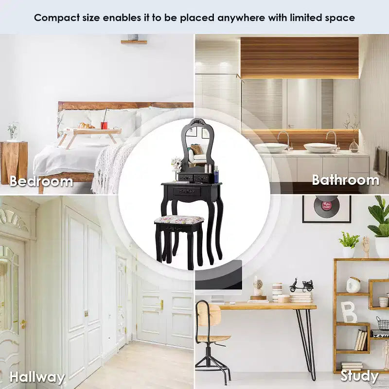 Costway Coiffeuse en bois avec tabouret et tiroirs pour bijoux - Noir
