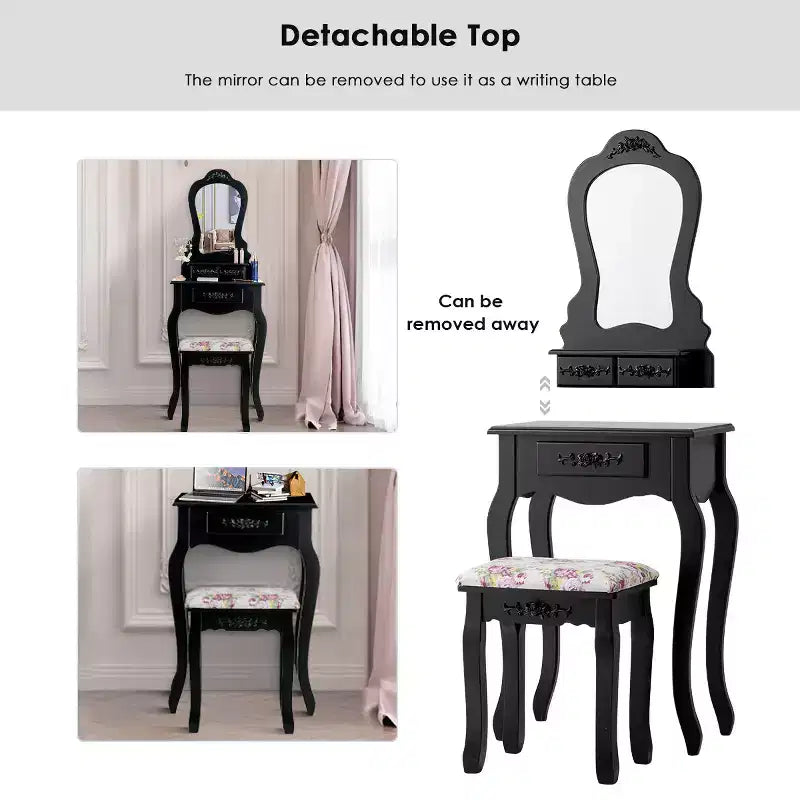 Costway Coiffeuse en bois avec tabouret et tiroirs pour bijoux - Noir
