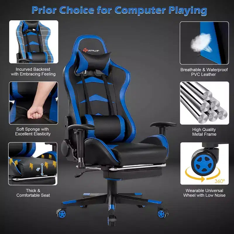 Costway Chaise de bureau gamer inclinable et pivotante avec repose-pieds de massage