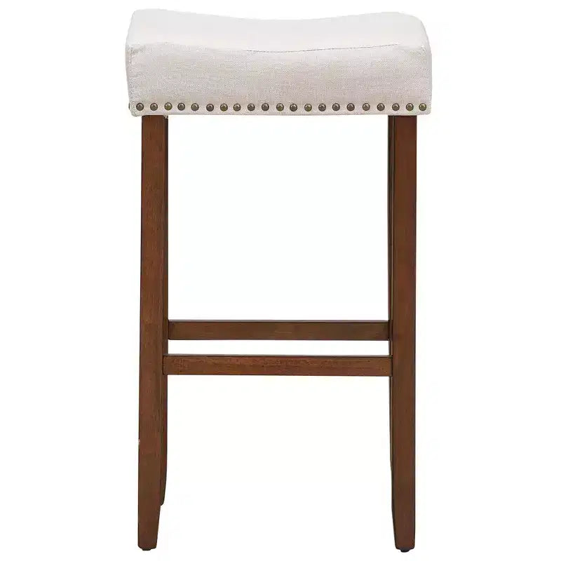 Costway Lot de 4 tabourets de bar à selles avec clous décoratifs Hauteur 74 cm avec assise en tissu et pieds en bois Gris/Beige