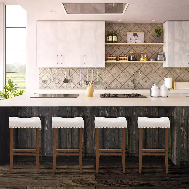 Costway Lot de 4 tabourets de bar à selles avec clous décoratifs Hauteur 74 cm avec assise en tissu et pieds en bois Gris/Beige