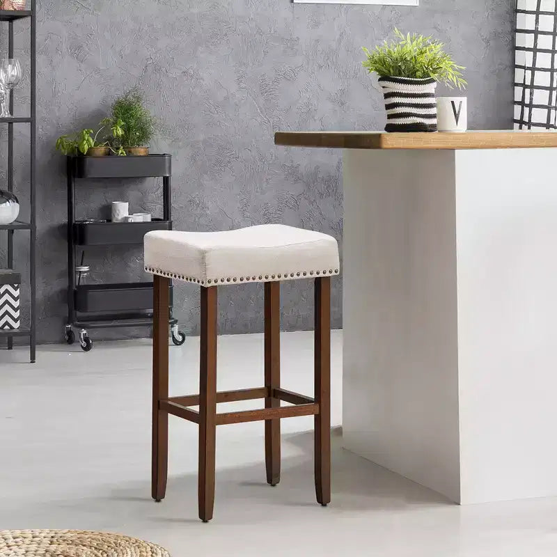 Costway Lot de 4 tabourets de bar à selles avec clous décoratifs Hauteur 74 cm avec assise en tissu et pieds en bois Gris/Beige